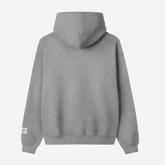 Back view of the CELESTIC Grey Basic zip-up hoodie laid flat on a white background. The premium heavyweight grey cotton fleece is shown with a structured double-lined hood and a clean minimalist back, featuring a woven brand patch on the left sleeve.