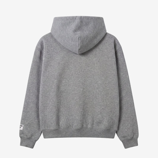 Back view flat-lay photograph of the CELESTIC Grey Zipper Hoodie on a white background. This premium heather grey cotton fleece zip-up features a clean, minimalist back design, a structured double-lined hood, and ribbed cuffs and hem. A distinct white woven CELESTIC brand patch is visible on the left sleeve cuff.