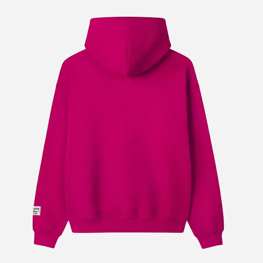Back view flat-lay photograph of the CELESTIC Pink Gemstone Hoodie on a white background. This premium heavyweight pink cotton fleece pullover features a clean, minimalist back design, a structured double-lined hood, and ribbed cuffs and hem. A distinct woven CELESTIC brand patch with white text is visible on the left sleeve cuff.