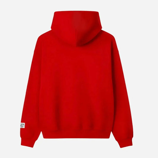 Red oversized full-zip hoodie back view laid flat on a white background. The premium heavyweight cotton fleece CELESTIC Red Basic Hoodie shows a clean minimalist back with a structured double-lined hood and a woven brand patch visible on the left sleeve.