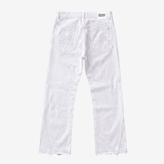 White denim jeans shown from the back, featuring a small embroidered logo on the back pocket and a brand patch at the waistband, photographed against a light gray background.
