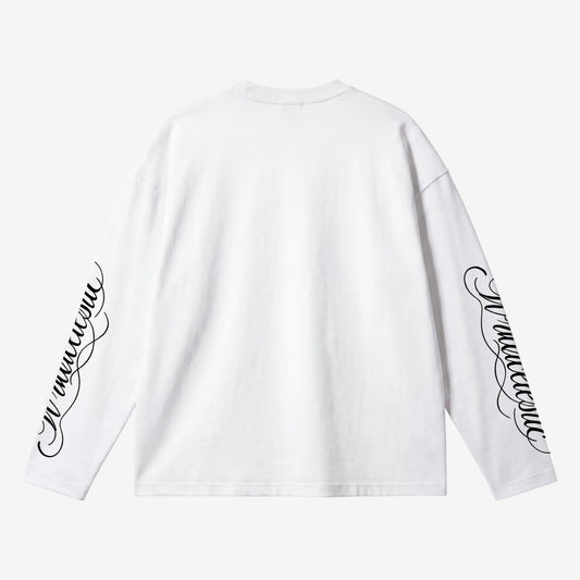 White long-sleeve t-shirt shown from the back, featuring black cursive script printed down both sleeves, displayed on a clean light gray background.