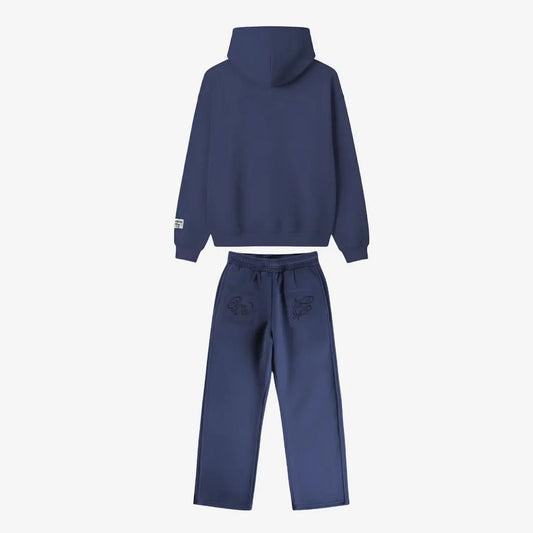 Back view of the full Navy Blue Outline Tracksuit set laid flat on a white background. Highlighting the premium heavyweight cotton fleece oversized hoodie with a clean back and structured hood, paired with matching sweatpants featuring two back pockets with distinctive 'W' and 'C' outline logo embroideries.