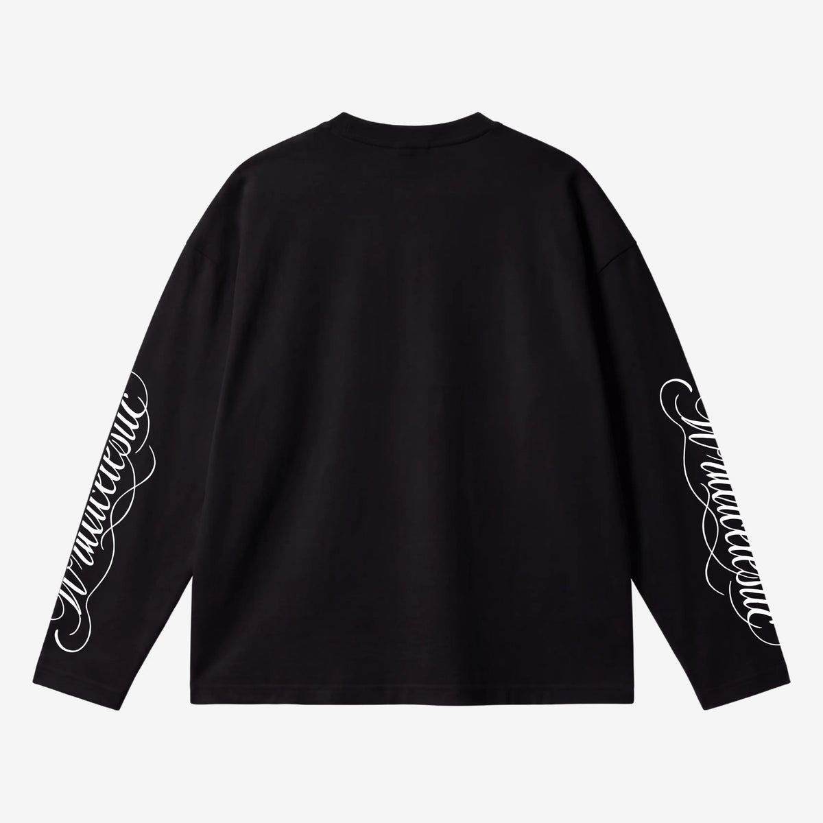 Back view of the CELESTIC Black Script Longsleeve laid flat on a light grey background. Heavyweight black cotton crewneck with white Wrldcelestic script screen print running down both sleeves.