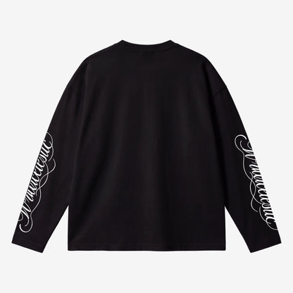 Back view of the CELESTIC Black Script Longsleeve laid flat on a light grey background. Heavyweight black cotton crewneck with white Wrldcelestic script screen print running down both sleeves.