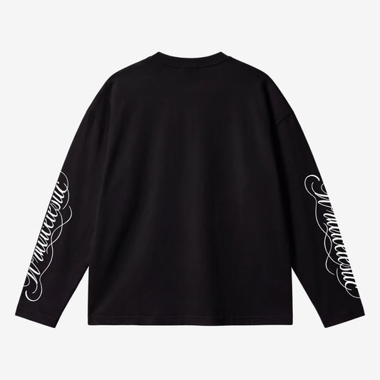 Back view of the CELESTIC Black Script Longsleeve laid flat on a light grey background. Heavyweight black cotton crewneck with white Wrldcelestic script screen print running down both sleeves.