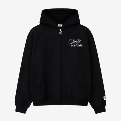 Front view of the CELESTIC Black Basic full-zip hoodie laid flat on a white background. Made from premium heavyweight black cotton fleece, it features white script logo embroidery on the chest, a custom silver metal 'C' zipper pull, and a woven brand patch on the left sleeve.