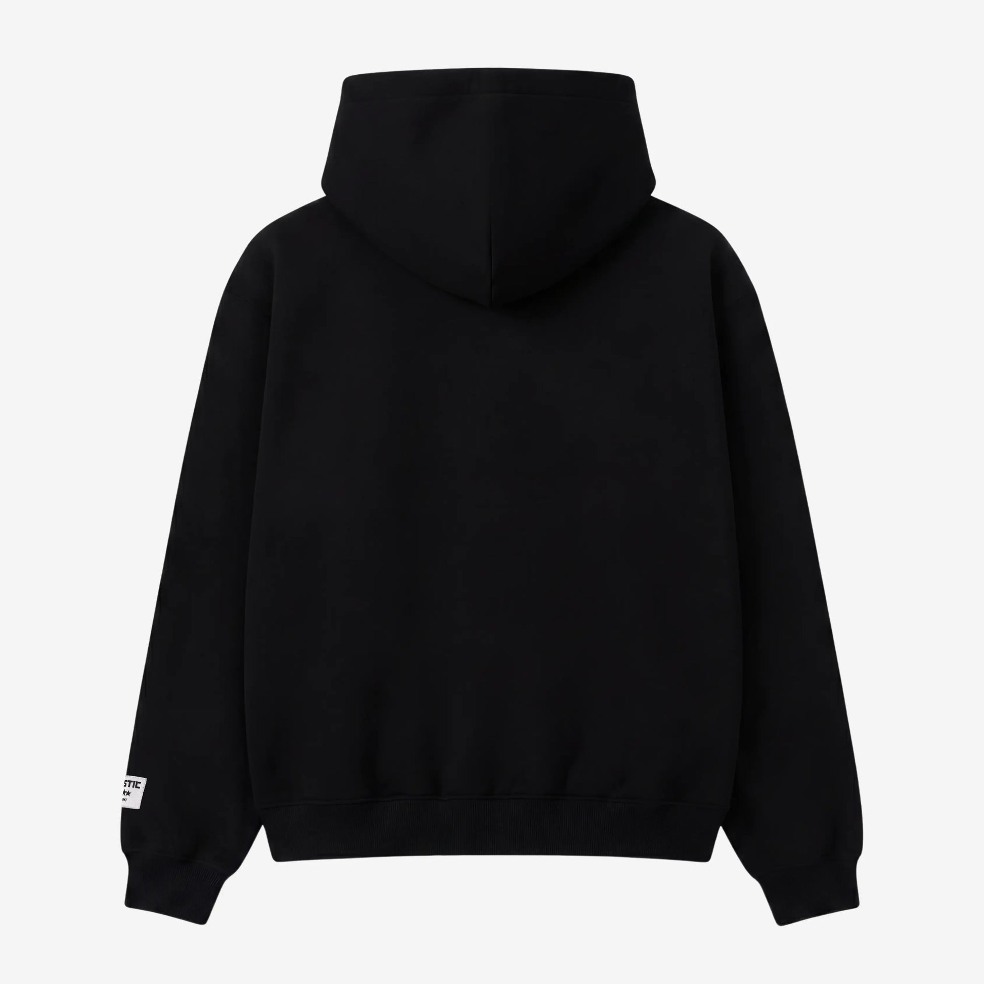Back view flat-lay photograph of the CELESTIC Black Gemstone Hoodie on a white background. This premium heavyweight black cotton fleece pullover features a clean, minimalist back design without graphics, a structured double-lined hood, and ribbed cuffs and hem. A distinct woven CELESTIC brand patch with white text is visible on the left sleeve cuff.