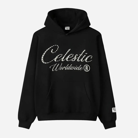 Front view flat-lay photograph of the CELESTIC Black Gemstone Hoodie on a white background. This premium heavyweight black cotton fleece pullover hoodie features a classic kangaroo pocket. The chest is detailed with a white screen-printed 'Celestic' script logo beautifully embellished with sparkling rhinestones, followed by white 'Worldwide ®' text underneath. A woven CELESTIC brand patch is visible on the left sleeve.