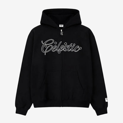 Black oversized zip-up hoodie front view laid flat on a white background. The premium heavyweight cotton fleece CELESTIC Black Outline Hoodie features a large white outline logo embroidery with stars across the chest, a custom metal 'C' zipper pull, front pockets, and a woven brand patch on the left sleeve.