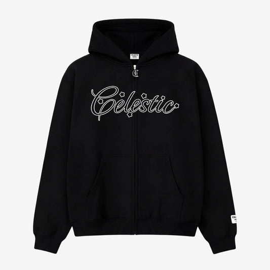 Black oversized zip-up hoodie front view laid flat on a white background. The premium heavyweight cotton fleece CELESTIC Black Outline Hoodie features a large white outline logo embroidery with stars across the chest, a custom metal 'C' zipper pull, front pockets, and a woven brand patch on the left sleeve.