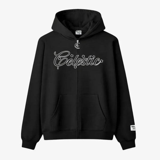 Black oversized zip-up hoodie front view laid flat on a white background. The premium heavyweight cotton fleece CELESTIC Black Outline Hoodie features a large white outline logo embroidery with stars across the chest, a custom metal 'C' zipper pull, front pockets, and a woven brand patch on the left sleeve.