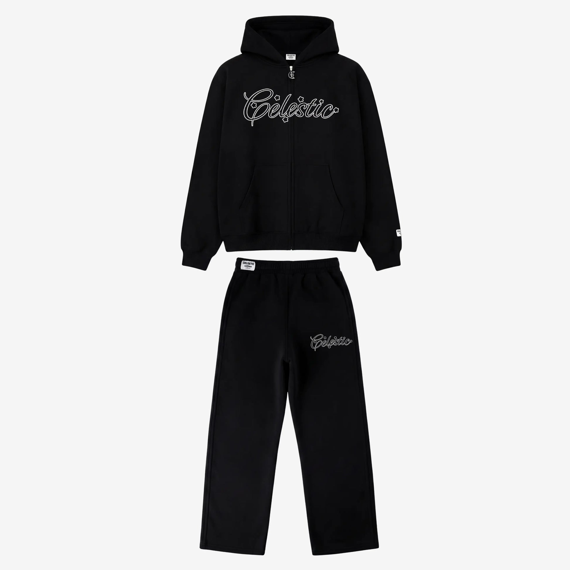 Black oversized tracksuit front view. Premium heavyweight cotton fleece two-piece set featuring a hoodie and matching sweatpants with subtle logo details.