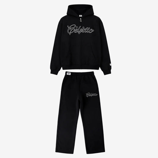 Black oversized tracksuit front view. Premium heavyweight cotton fleece two-piece set featuring a hoodie and matching sweatpants with subtle logo details.