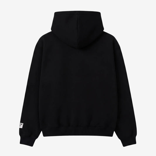 Back view flat-lay photograph of the CELESTIC Black Star Hoodie on a white background. This premium heavyweight black cotton fleece pullover features a clean, minimalist back design, a structured double-lined hood, and ribbed cuffs and hem. A distinct woven CELESTIC brand patch with white text is visible on the left sleeve cuff.