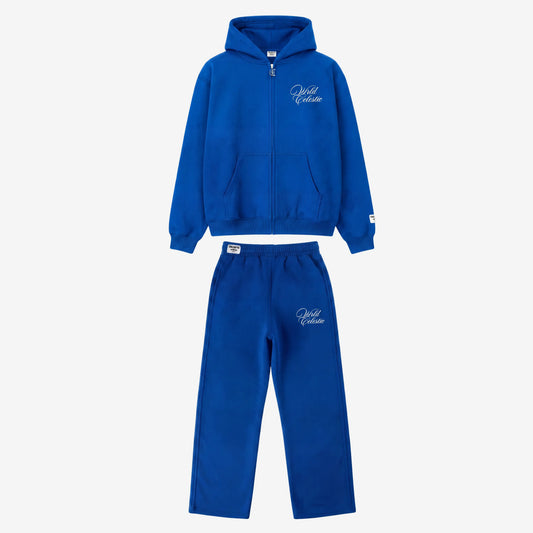 CELESTIC Blue Basic Tracksuit front view laid flat. Premium heavyweight blue cotton fleece two-piece set featuring an oversized full-zip hoodie and matching sweatpants with white script embroidery details on the left chest and thigh.