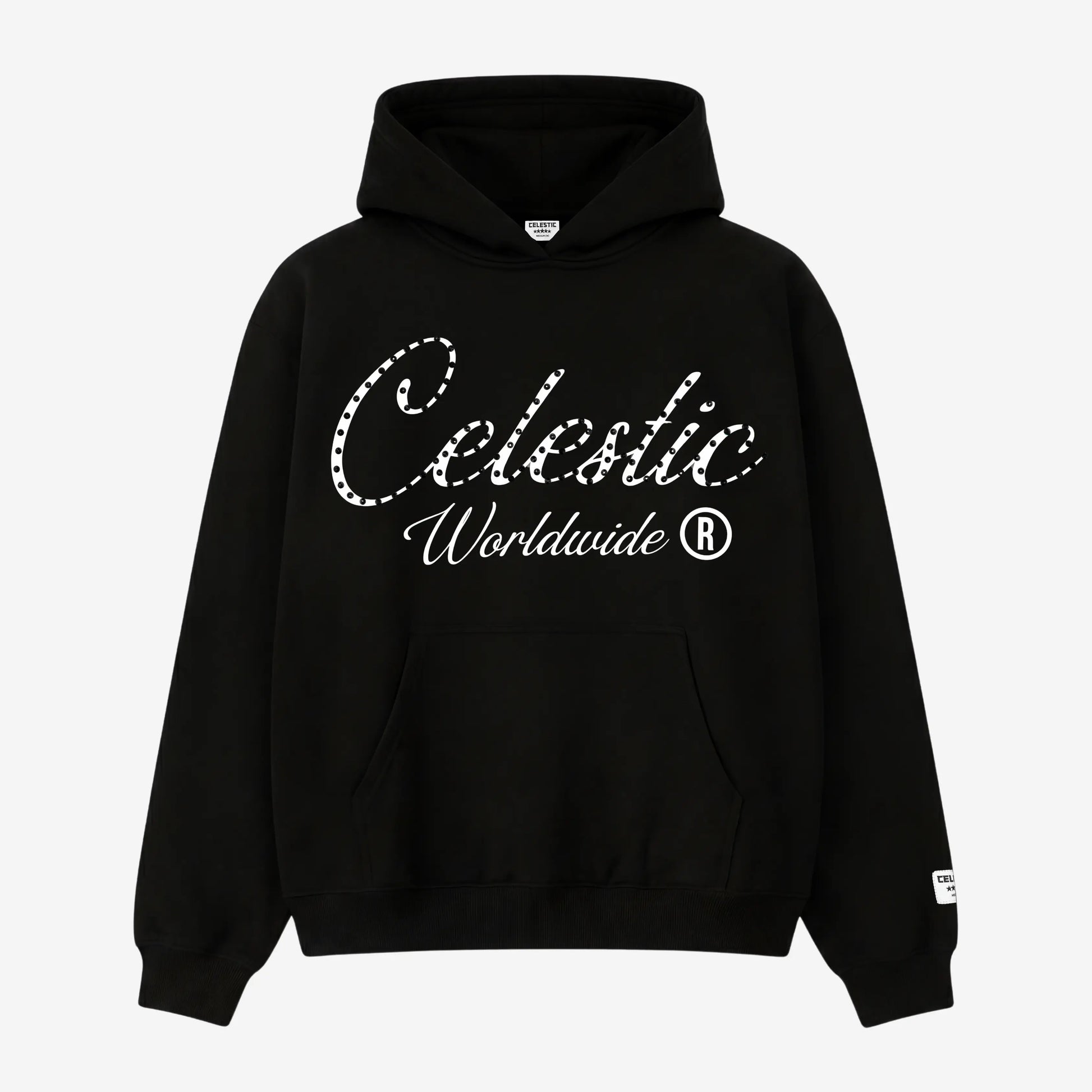Front view flat-lay photograph of the CELESTIC Black Gemstone Hoodie on a white background. This premium heavyweight black cotton fleece pullover hoodie features a classic kangaroo pocket. The chest is detailed with a white screen-printed 'Celestic' script logo beautifully embellished with sparkling rhinestones, followed by white 'Worldwide ®' text underneath. A woven CELESTIC brand patch is visible on the left sleeve.