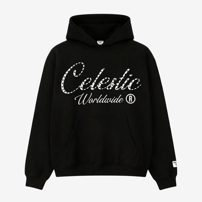 Front view flat-lay photograph of the CELESTIC Black Gemstone Hoodie on a white background. This premium heavyweight black cotton fleece pullover hoodie features a classic kangaroo pocket. The chest is detailed with a white screen-printed 'Celestic' script logo beautifully embellished with sparkling rhinestones, followed by white 'Worldwide ®' text underneath. A woven CELESTIC brand patch is visible on the left sleeve.