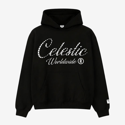 Front view flat-lay photograph of the CELESTIC Black Gemstone Hoodie on a white background. This premium heavyweight black cotton fleece pullover hoodie features a classic kangaroo pocket. The chest is detailed with a white screen-printed 'Celestic' script logo beautifully embellished with sparkling rhinestones, followed by white 'Worldwide ®' text underneath. A woven CELESTIC brand patch is visible on the left sleeve.