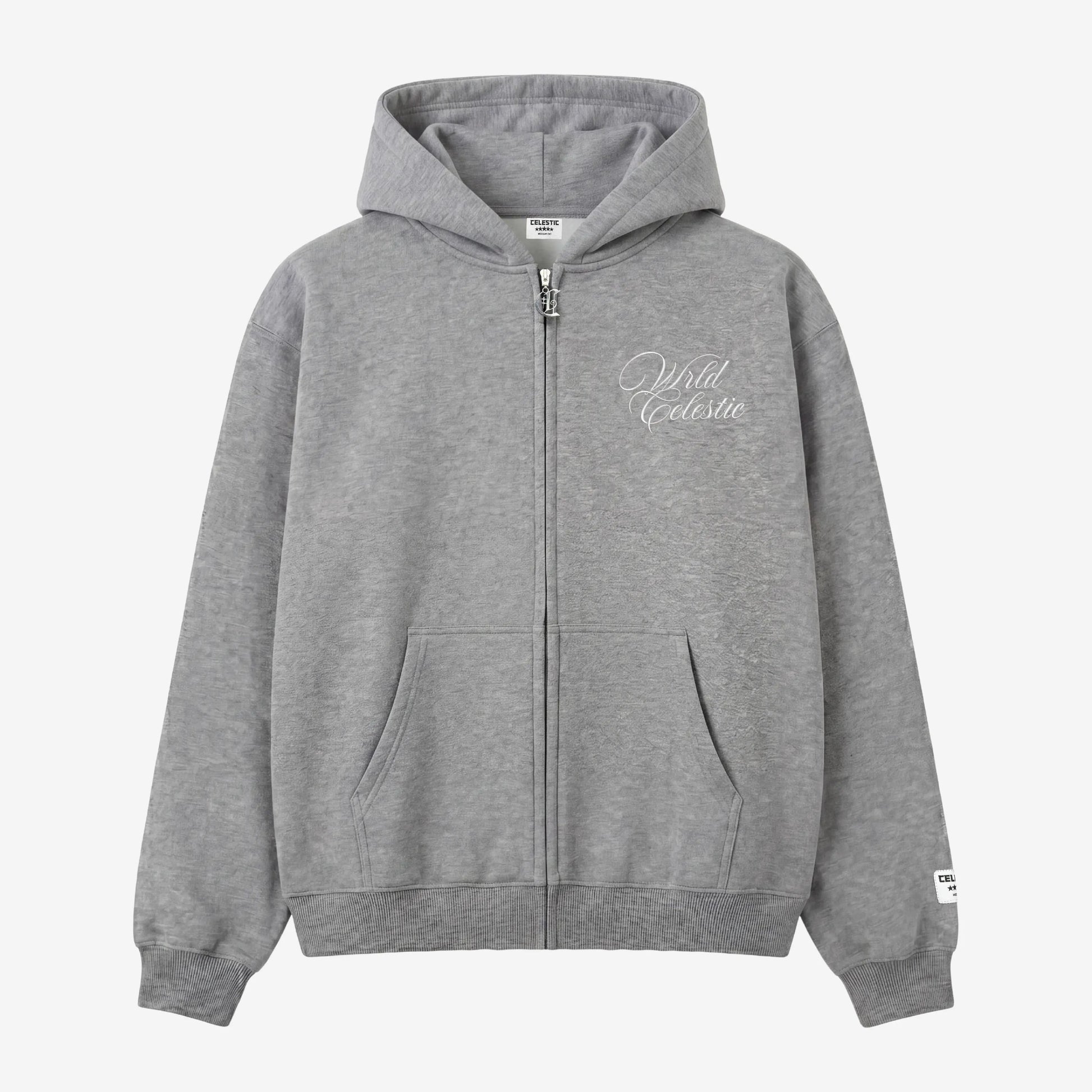 Front view of the CELESTIC Grey Basic full-zip hoodie laid flat on a white background. Made from premium heavyweight grey cotton fleece, it features white script logo embroidery on the chest, a custom metal 'C' zipper pull, and a woven brand patch on the left sleeve.