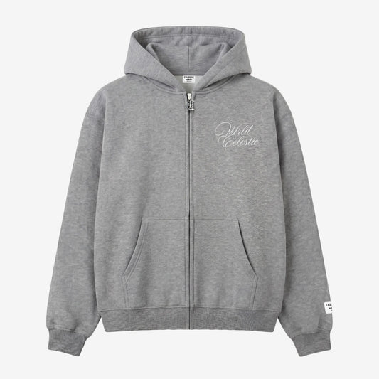 Front view of the CELESTIC Grey Basic full-zip hoodie laid flat on a white background. Made from premium heavyweight grey cotton fleece, it features white script logo embroidery on the chest, a custom metal 'C' zipper pull, and a woven brand patch on the left sleeve.