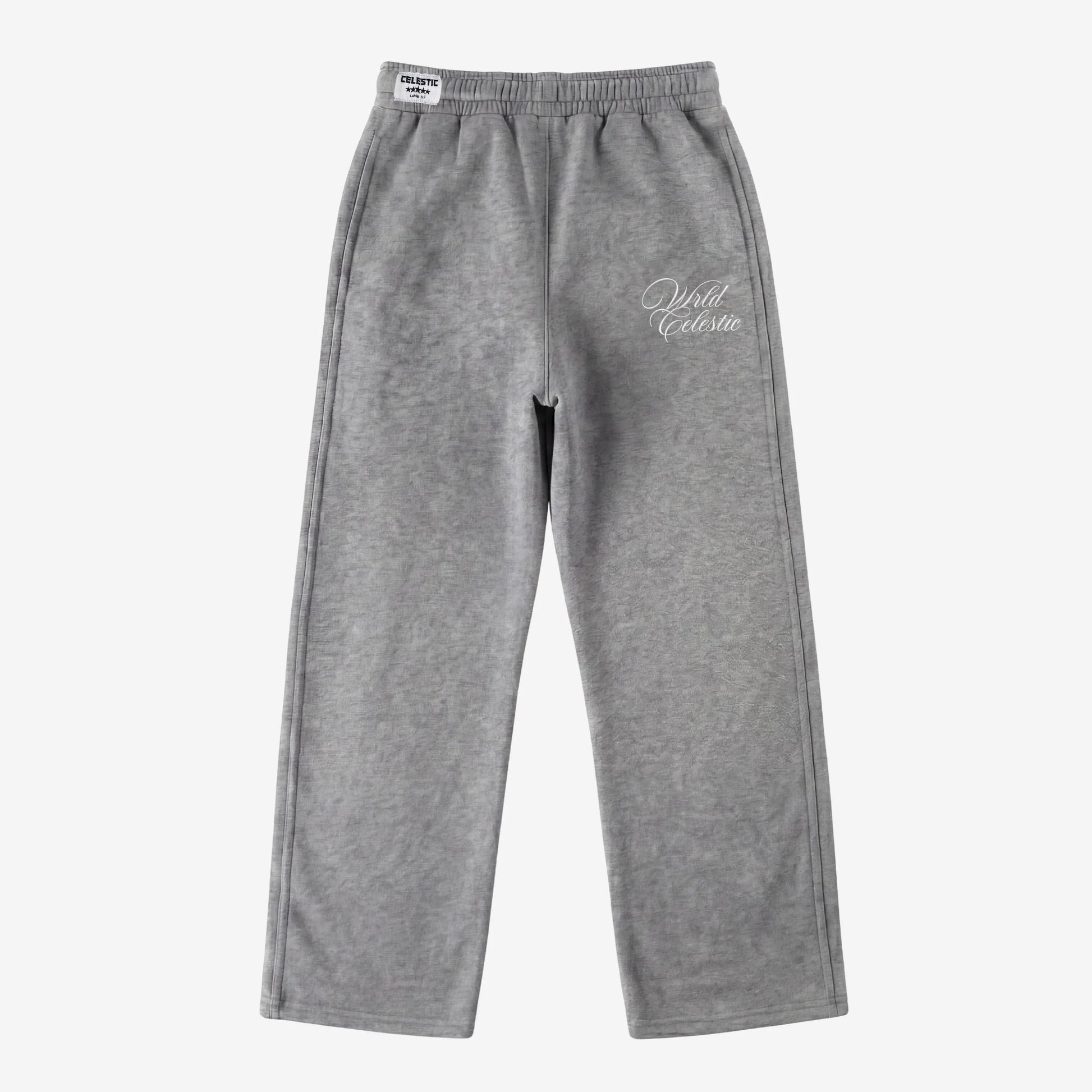 Front view of the CELESTIC Grey Basic sweatpants laid flat on a white background. These premium heavyweight grey cotton fleece pants feature a relaxed straight-leg fit, an elasticated waistband with a white woven brand label, and elegant white script logo embroidery on the left thigh.