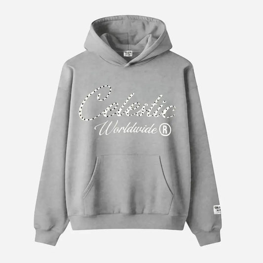 Front view flat-lay photograph of the CELESTIC Grey Gemstone Hoodie on a white background. This premium heather grey cotton fleece pullover hoodie features a classic kangaroo pocket. The chest is detailed with a white screen-printed 'Celestic' script logo beautifully embellished with sparkling rhinestones, followed by white 'Worldwide ®' text underneath. A woven CELESTIC brand patch is visible on the left sleeve.
