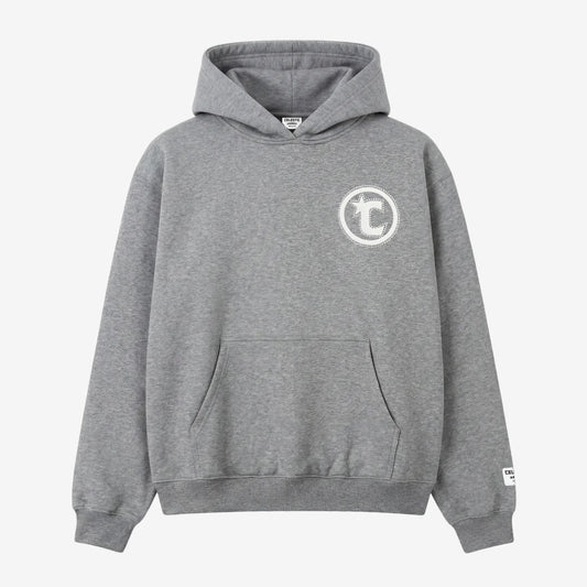 Front view flat-lay photograph of the CELESTIC Grey Star Hoodie on a white background. This premium heather grey cotton fleece pullover hoodie features a structured double-lined hood and a classic kangaroo pocket. A white circular 'C' star logo is featured on the left chest, elegantly framed with a border of sparkling rhinestones. A white woven CELESTIC brand patch is visible on the left sleeve cuff.