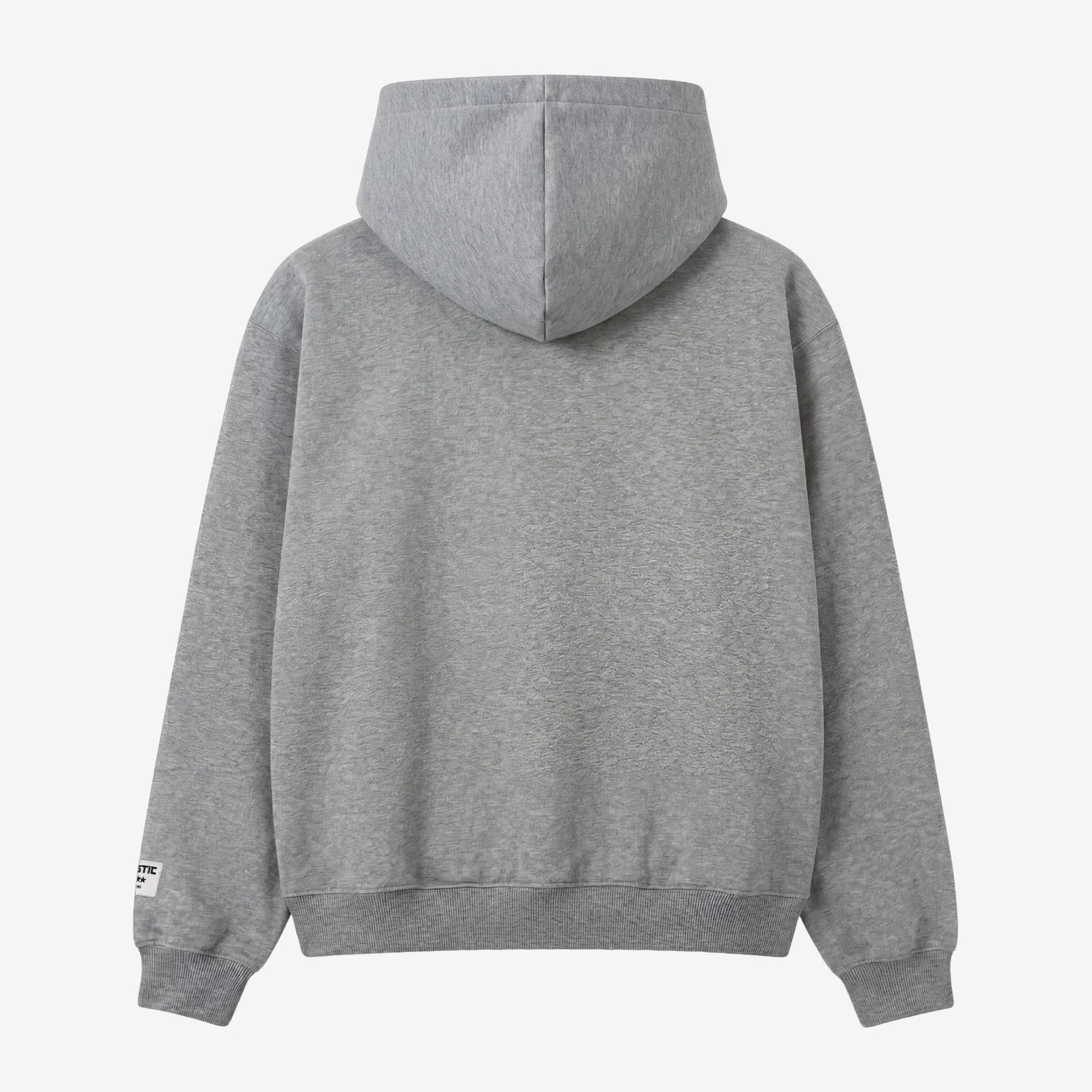 Back view flat-lay photograph of the CELESTIC Grey Star Hoodie on a white background. This premium heather grey cotton fleece pullover features a clean minimalist back design, a structured double-lined hood, and ribbed cuffs and hem. A distinct white woven CELESTIC brand patch is visible on the left sleeve cuff.