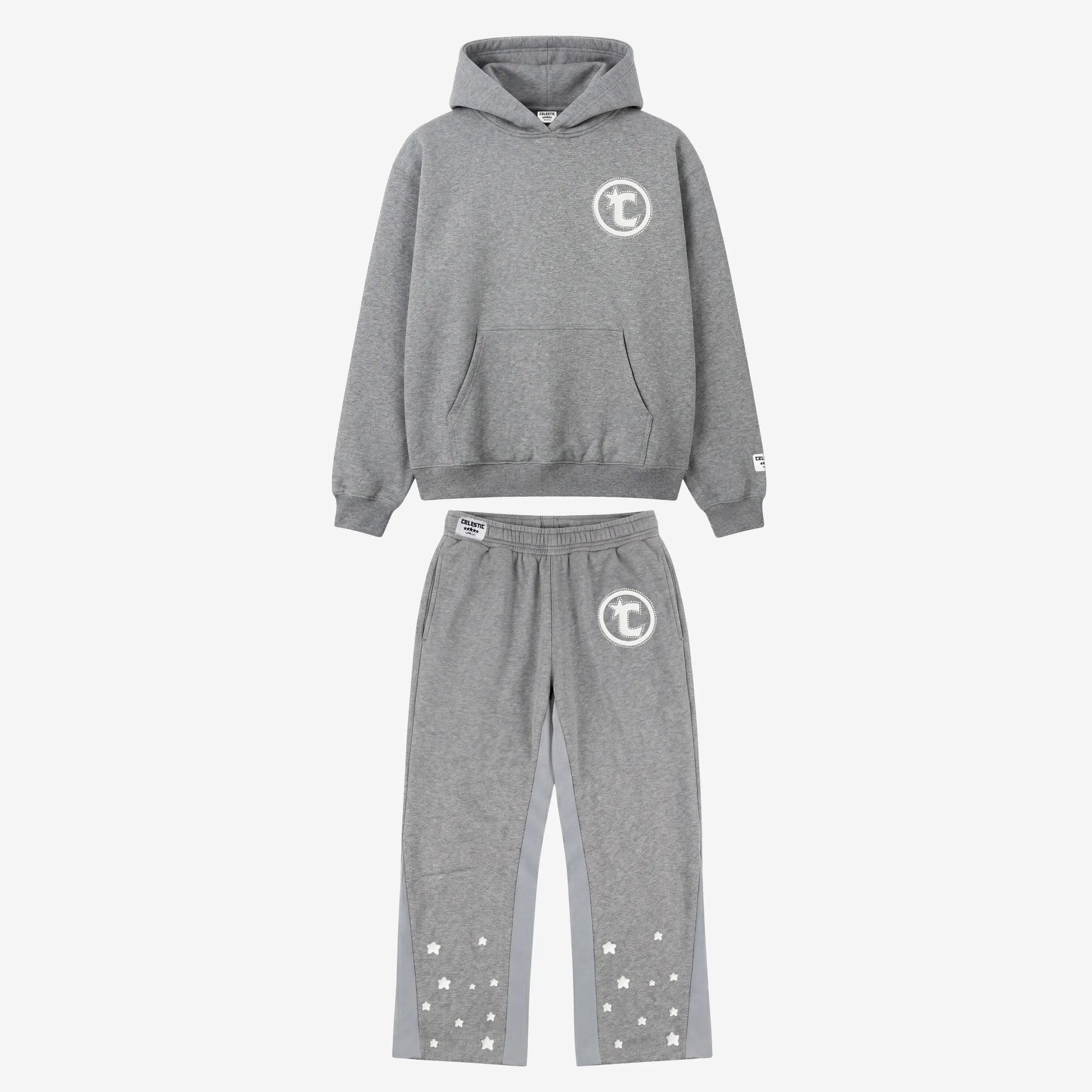 Gray hoodie and pants set with a logo on a white background