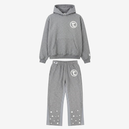 Gray hoodie and pants set with a logo on a white background