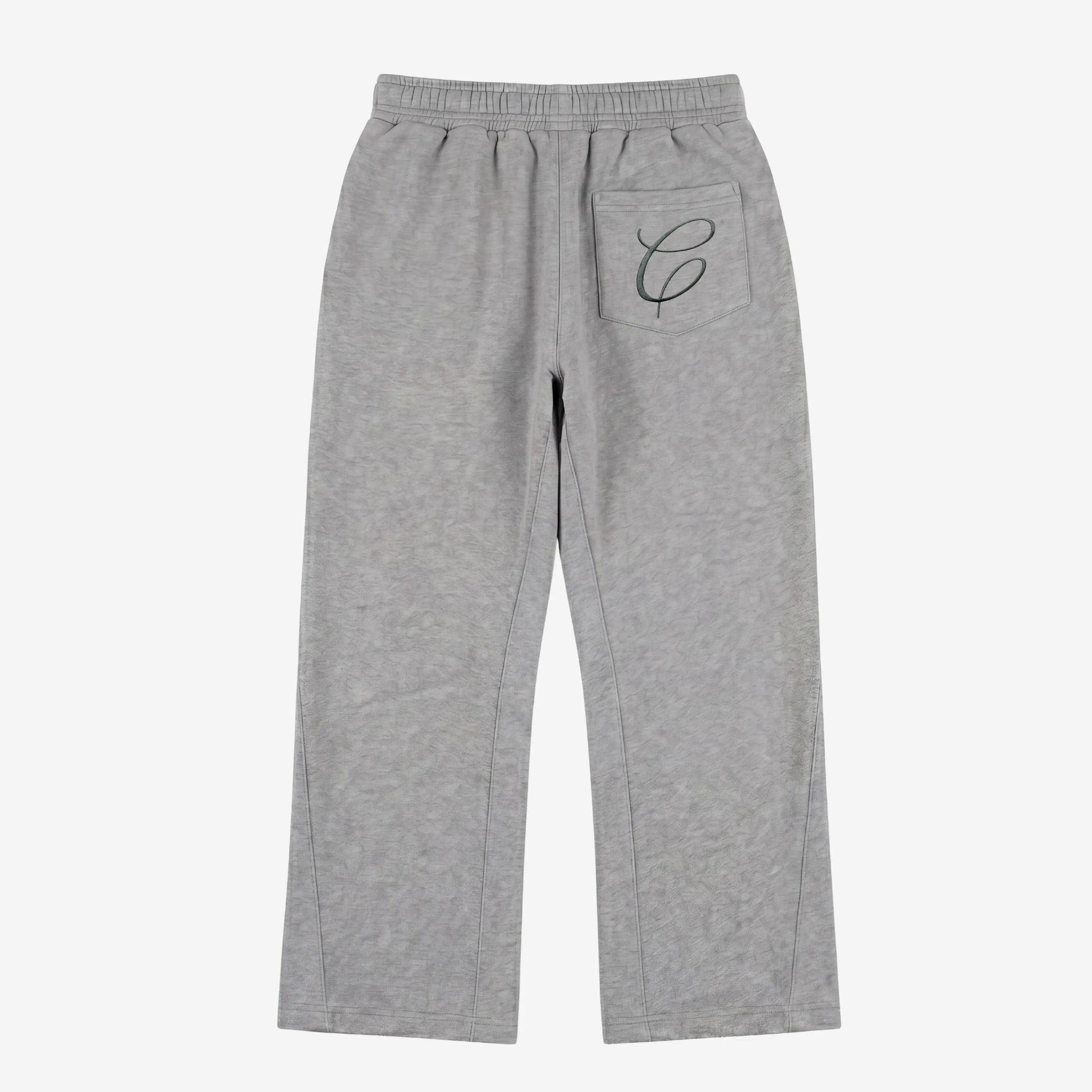 Back view flat-lay photograph of the CELESTIC Grey Zipper Flared Pants on a white background. These premium heather grey cotton fleece sweatpants feature a relaxed flared-leg fit and a single right back pocket detailed with an elegant black embroidered 'C' script logo. The image showcases the high-quality stitching and the wide, flared leg silhouette from the rear.