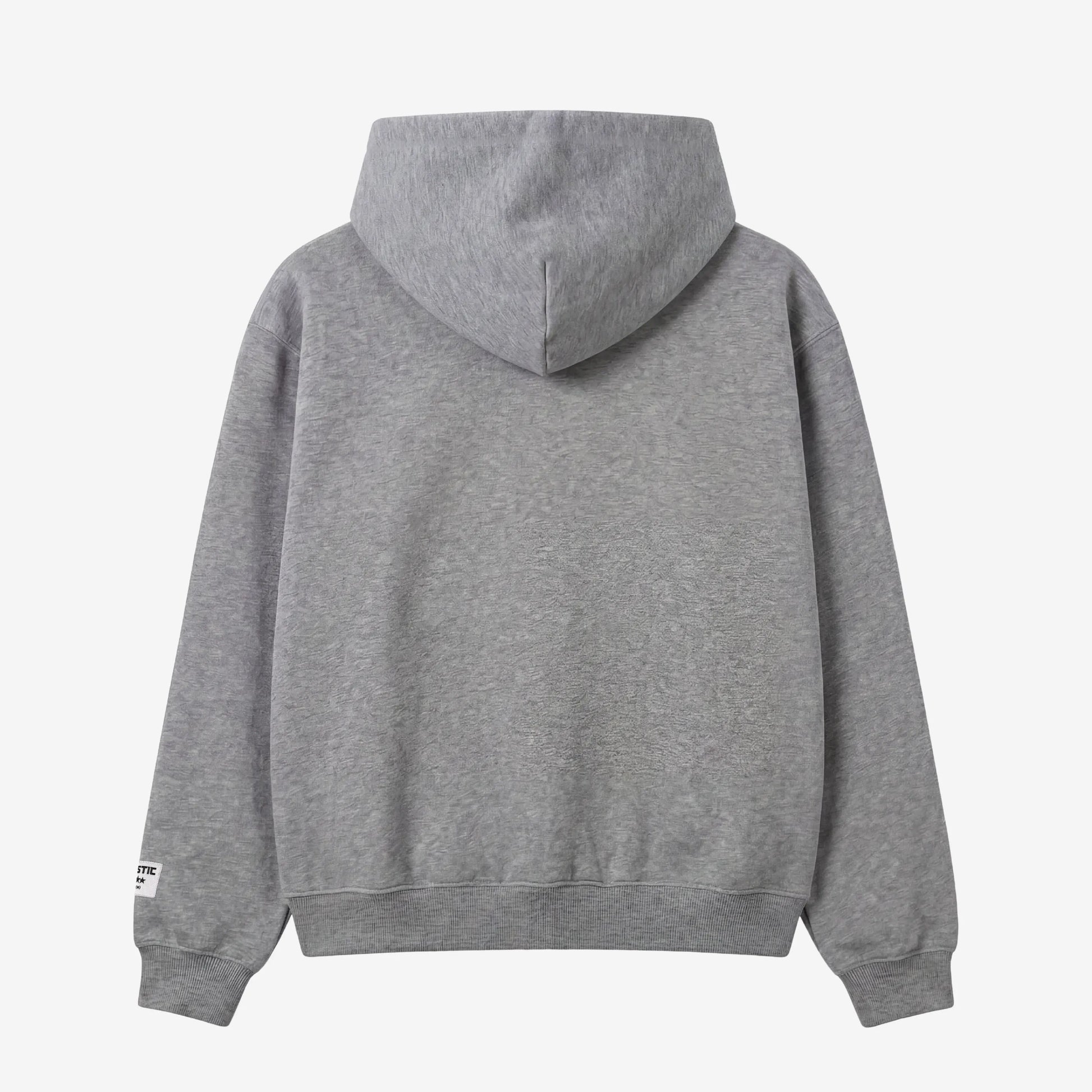 Back view flat-lay photograph of the CELESTIC Grey Zipper Hoodie on a white background. This premium heather grey cotton fleece zip-up features a clean, minimalist back design, a structured double-lined hood, and ribbed cuffs and hem. A distinct white woven CELESTIC brand patch is visible on the left sleeve cuff.