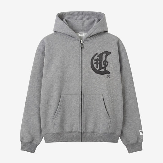 Front view flat-lay photograph of the CELESTIC Grey Zipper Hoodie on a white background. This premium heather grey cotton fleece zip-up hoodie features a silver-tone metal zipper, a spacious kangaroo pocket, and ribbed cuffs and hem. A large, distinctive black gothic-style 'C' star logo is embroidered on the left chest, and a white woven brand patch is visible on the left sleeve cuff.