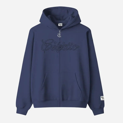 Back view of the Navy Blue CELESTIC Outline sweatpants laid flat on a white background. Features premium heavyweight cotton fleece, an elasticated waistband, and two back pockets with distinctive tonal 'W' and 'C' outline logo embroidery.