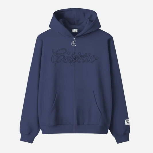 Back view of the Navy Blue CELESTIC Outline sweatpants laid flat on a white background. Features premium heavyweight cotton fleece, an elasticated waistband, and two back pockets with distinctive tonal 'W' and 'C' outline logo embroidery.