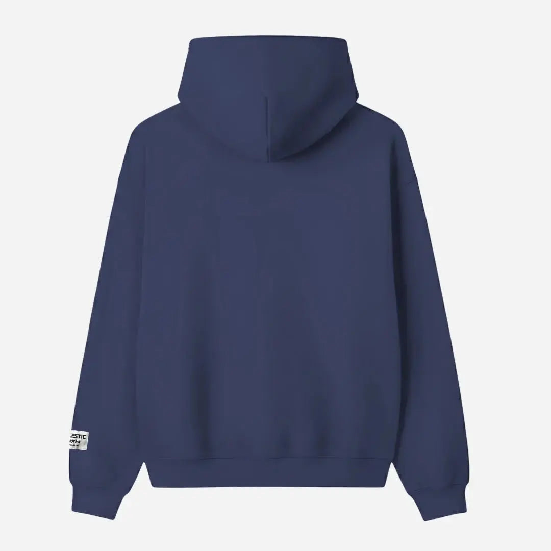 Back view of the CELESTIC Navy Blue Outline zip-up hoodie laid flat on a white background. The premium heavyweight cotton fleece material is shown with a structured double-lined hood and a clean minimalist back, featuring a woven brand patch on the left sleeve.