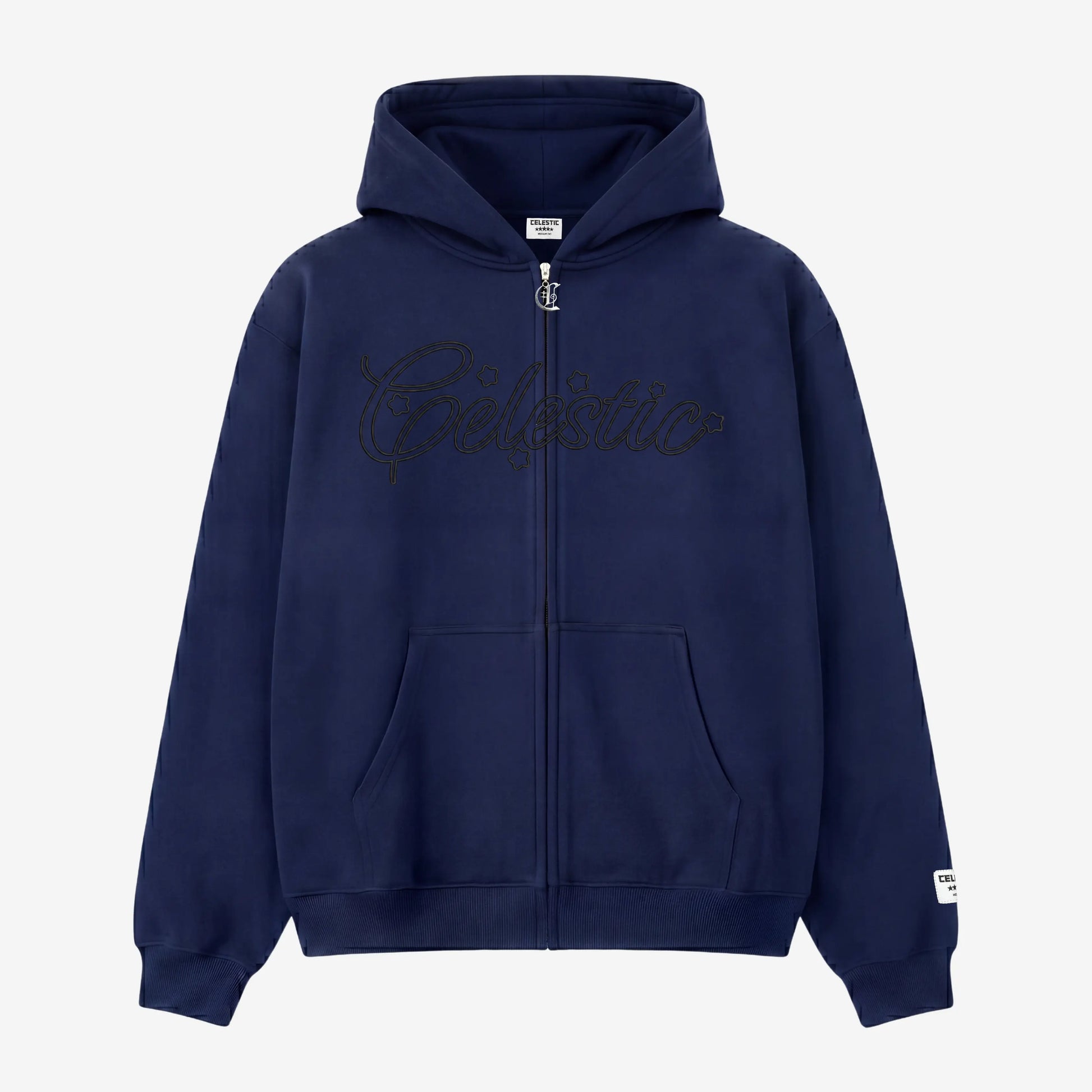 Front view of the Navy Blue CELESTIC Outline hoodie. Features premium heavyweight cotton fleece.