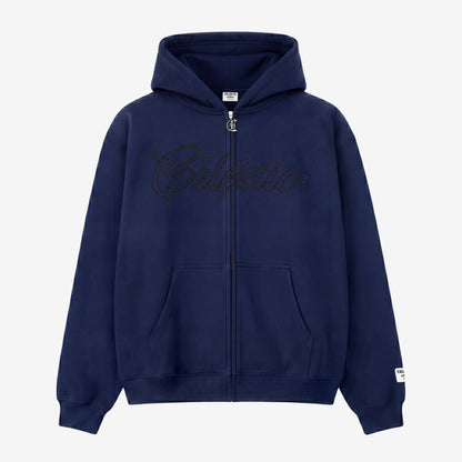 Front view of the Navy Blue CELESTIC Outline hoodie. Features premium heavyweight cotton fleece.