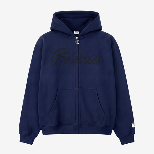 Front view of the Navy Blue CELESTIC Outline hoodie. Features premium heavyweight cotton fleece.