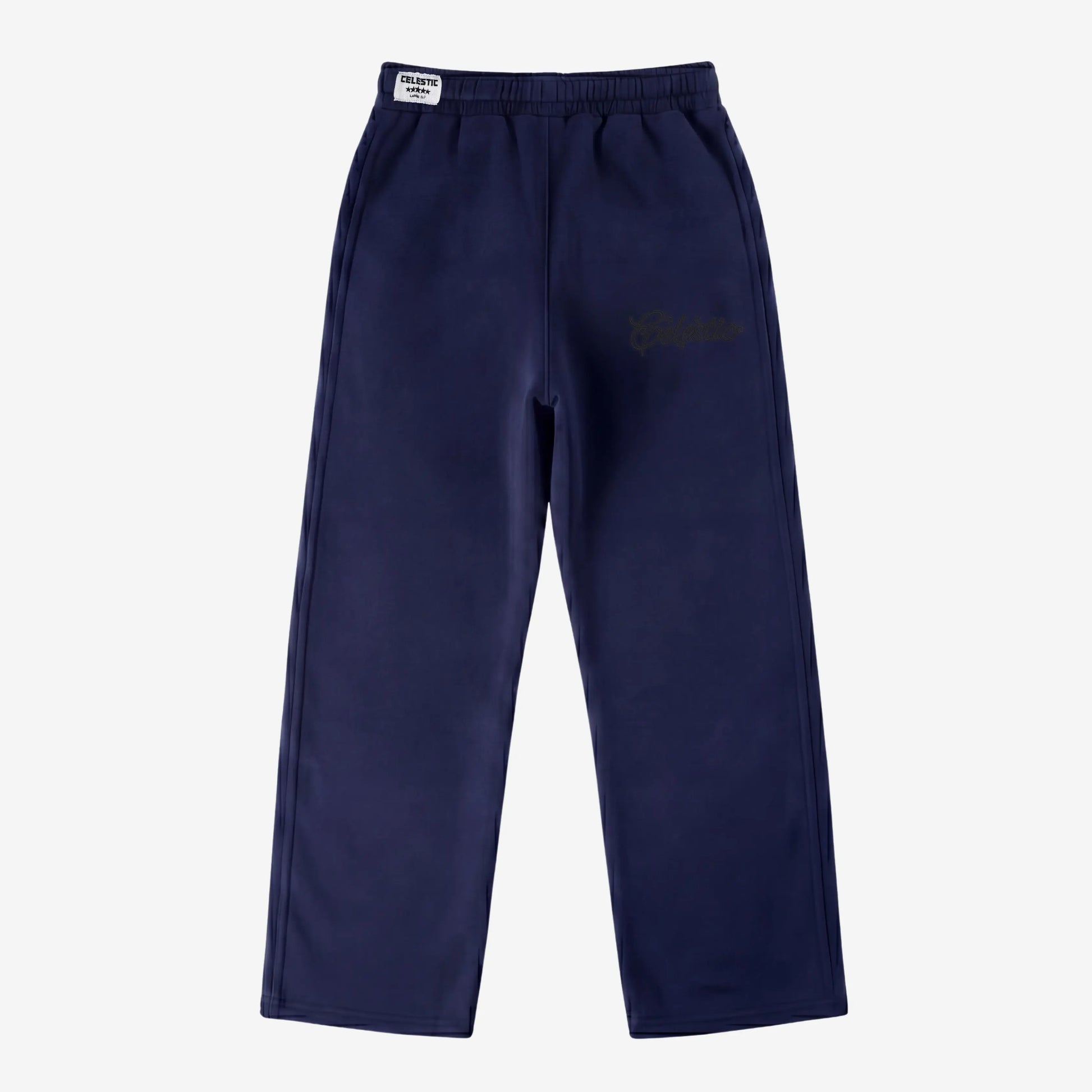 Navy blue oversized tracksuit sweatpants front view laid flat on a white background. The premium heavyweight cotton fleece CELESTIC Navy Blue Outline pants feature an elasticated ribbed waistband with a white woven brand label and tonal 'Celestic' outline logo embroidery on the left thigh.