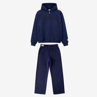 Navy blue tracksuit with a hood on a white background