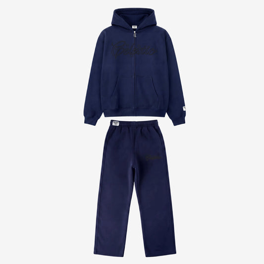 Navy blue tracksuit with a hood on a white background