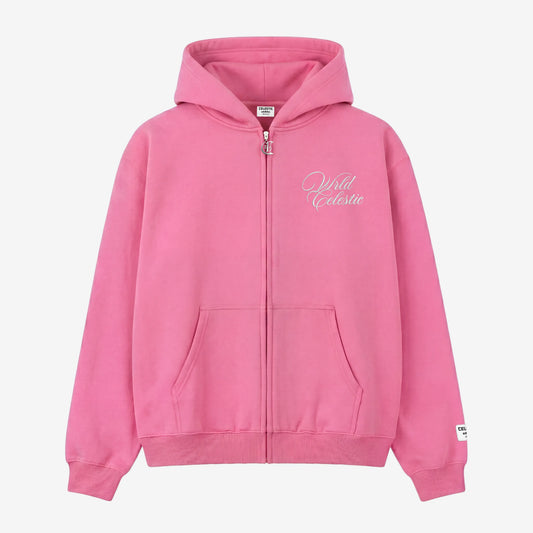 Pink oversized full-zip hoodie front view laid flat on a white background. The premium heavyweight cotton fleece CELESTIC Pink Basic Hoodie features white script logo embroidery on the left chest, a custom metal 'C' zipper pull, front pockets, and a woven brand patch on the left sleeve.