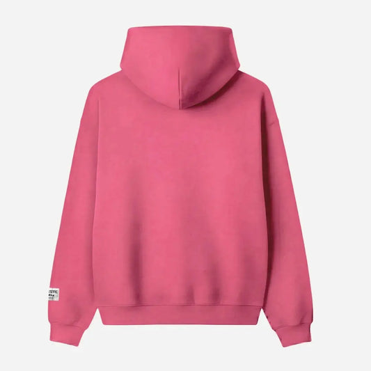 Pink oversized full-zip hoodie back view laid flat on a white background. The premium heavyweight cotton fleece CELESTIC Pink Basic Hoodie shows a clean, minimalist back with a structured double-lined hood and a woven brand patch visible on the left sleeve.