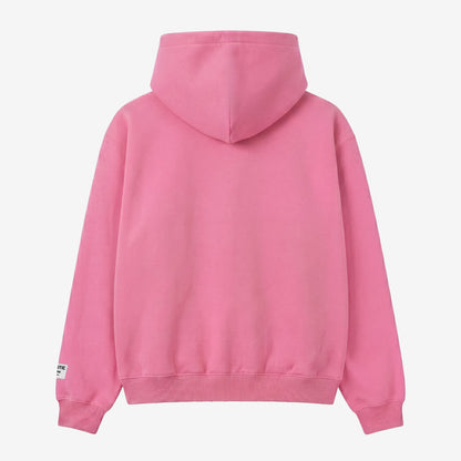 Pink oversized full-zip hoodie back view laid flat on a white background. The premium heavyweight cotton fleece CELESTIC Pink Basic Hoodie shows a clean, minimalist back with a structured double-lined hood and a woven brand patch visible on the left sleeve.