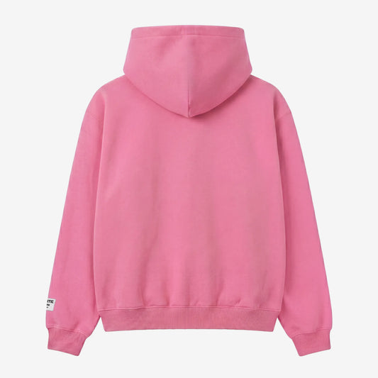 Pink oversized full-zip hoodie back view laid flat on a white background. The premium heavyweight cotton fleece CELESTIC Pink Basic Hoodie shows a clean, minimalist back with a structured double-lined hood and a woven brand patch visible on the left sleeve.