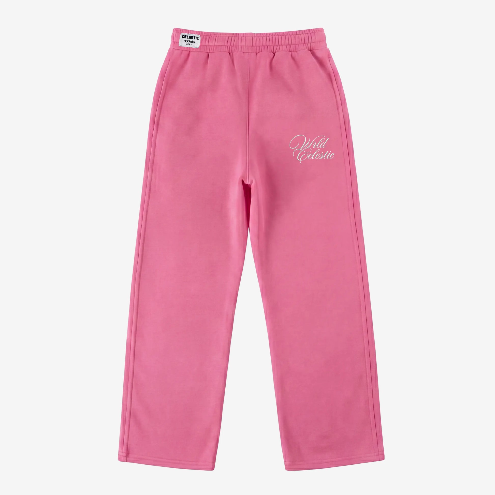 Pink oversized tracksuit sweatpants front view laid flat on a white background. The premium heavyweight cotton fleece CELESTIC Pink Basic pants feature an elasticated ribbed waistband with a woven brand label, prominent side seams, and elegant white script logo embroidery on the left thigh.