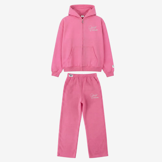 Celestic Pink Basic Tracksuit front view. Premium heavyweight oversized cotton fleece two-piece set featuring a full-zip hoodie and matching pants with white script embroidery details.