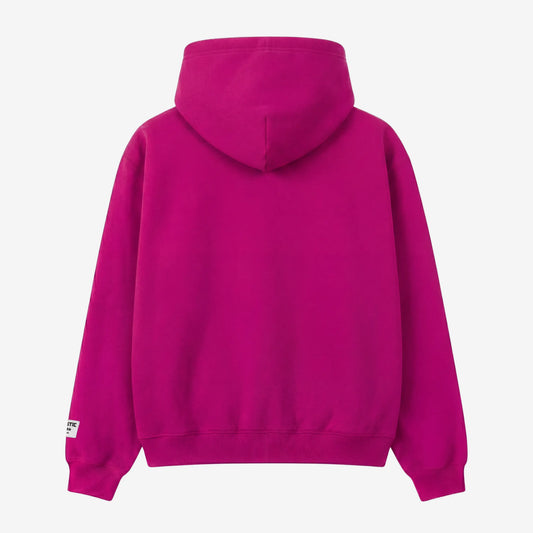 Back view flat-lay photograph of the CELESTIC Pink Gemstone Hoodie on a white background. This premium heavyweight pink cotton fleece pullover features a clean, minimalist back design, a structured double-lined hood, and ribbed cuffs and hem. A distinct woven CELESTIC brand patch with white text is visible on the left sleeve cuff.